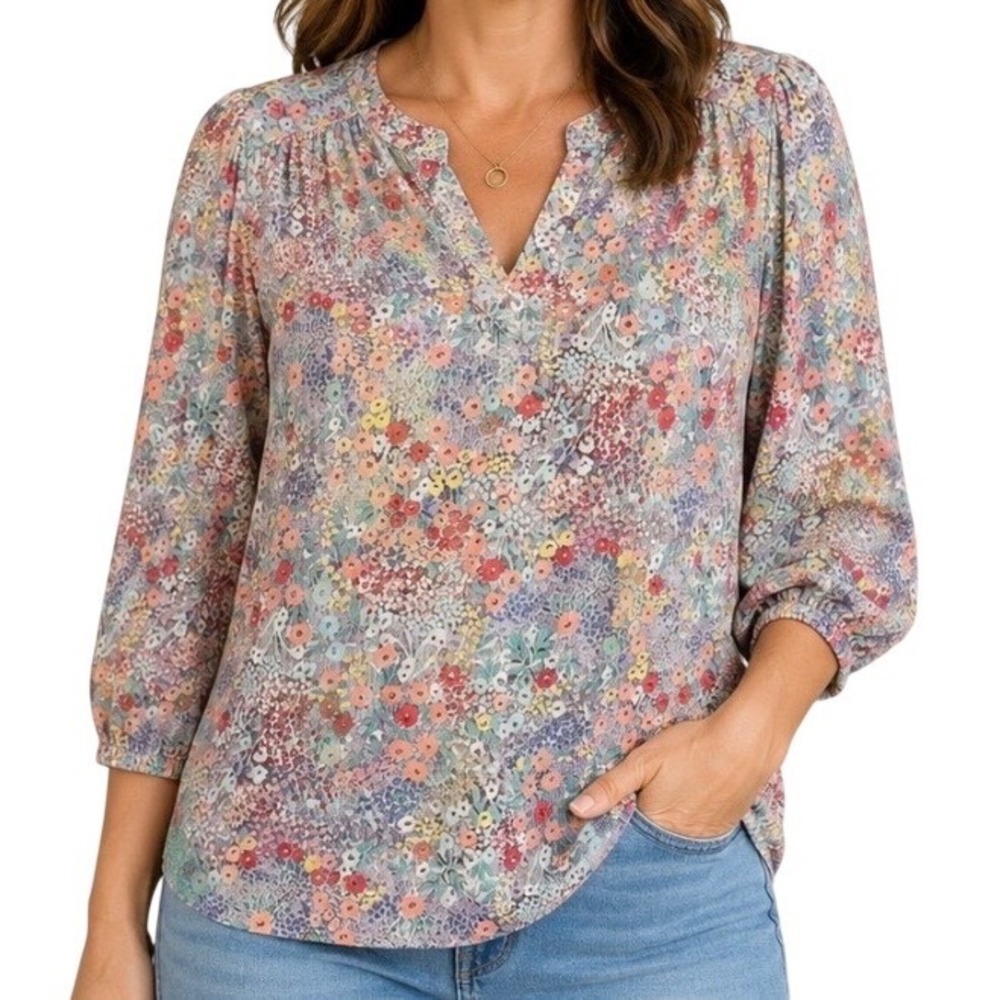 Chaps Floral Blouse 1X Multi Color 3/4 Sleeve Split Neck Boho Cotton Modal